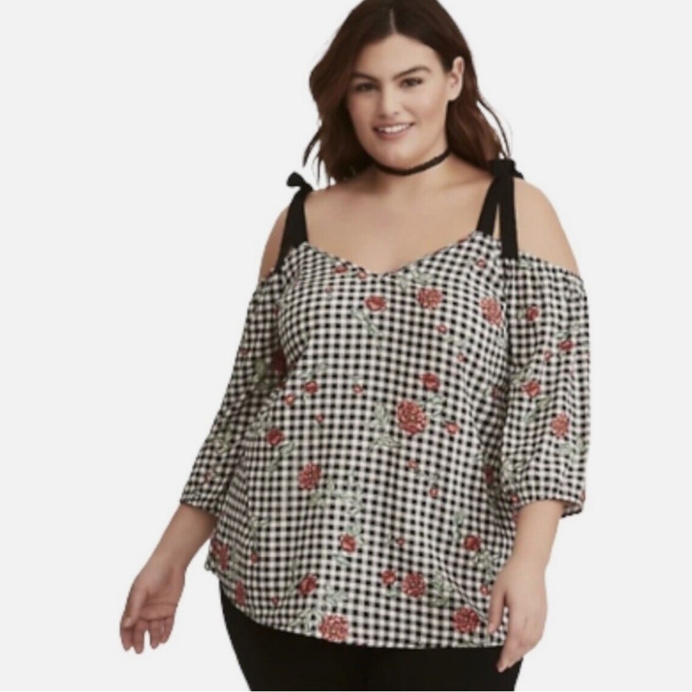 GU TORRID Black and White Floral Gingham Off-The-Shoulder Top; Size 2X!